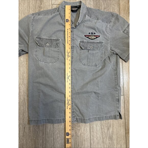 Mens Harley Davidson Gray Embroidered Patched Military Top Gun Button Shirt L - Picture 11 of 12